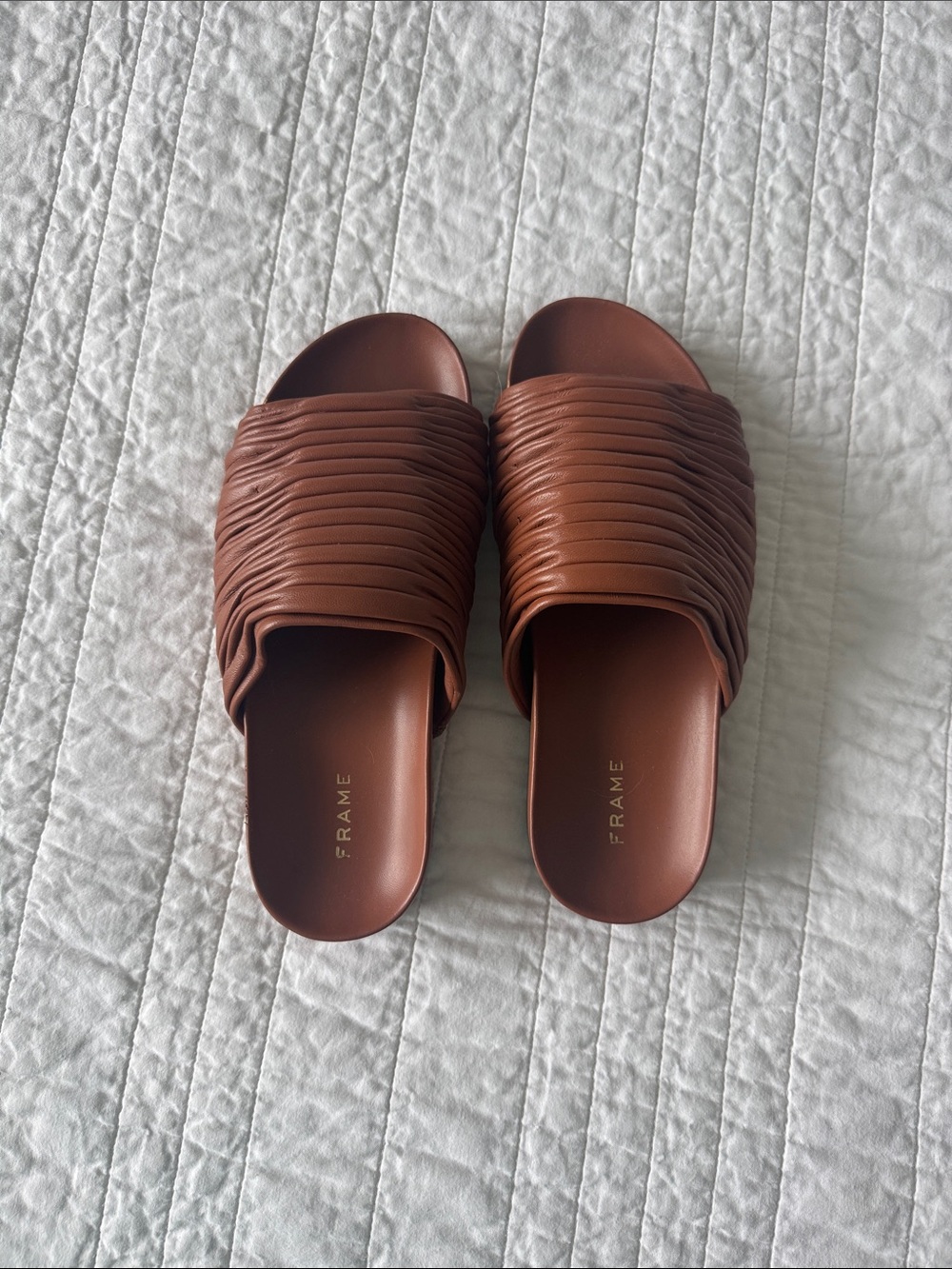 Frame Denim Ruched Cognac Slide Sandals